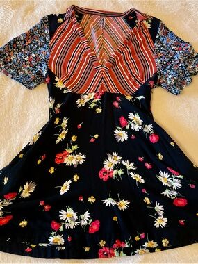 Free People Black Floral Mini Dress with Red Stripe Bodice
